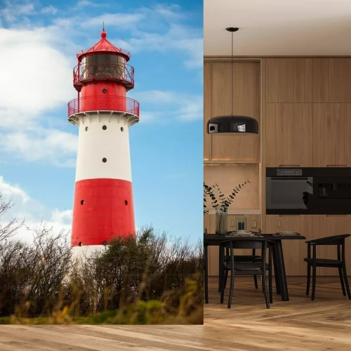 Fotobehang Wit-rode vuurtoren met ramen