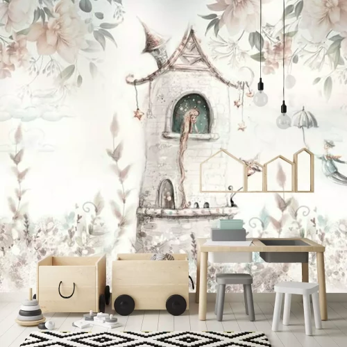 Fotobehang Een sprookjesachtige illustratie met een prinses in een toren