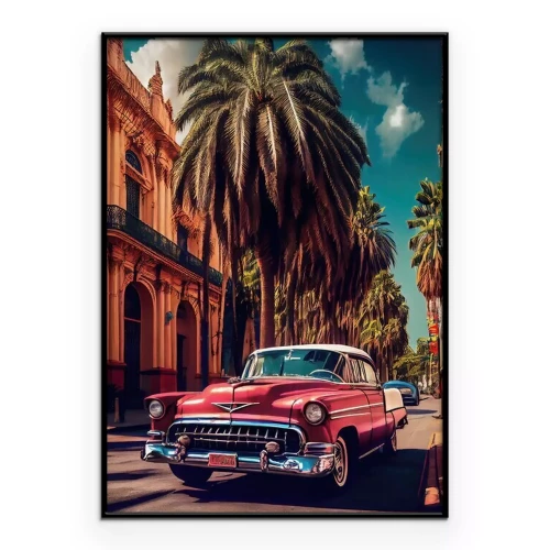 Poster Een oldtimer in een Cubaans stadje met palmbomen.