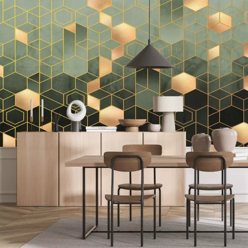 Fotobehang Groene geometrische abstractie met gouden figuren