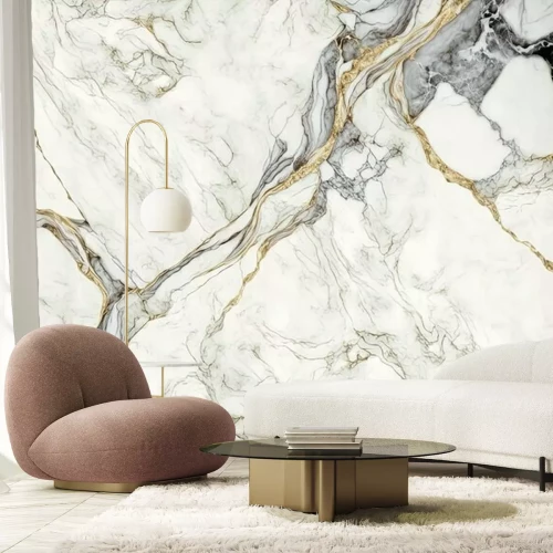 Fotobehang Grijs marmer met gouden draden