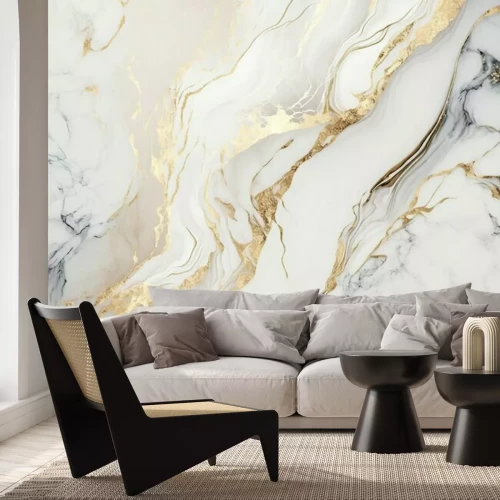 Fotobehang Witte marmer met gouden versieringen op een stenen achtergrond