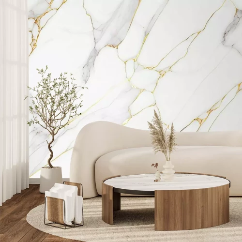 Fotobehang Wit en goudkleurig marmer