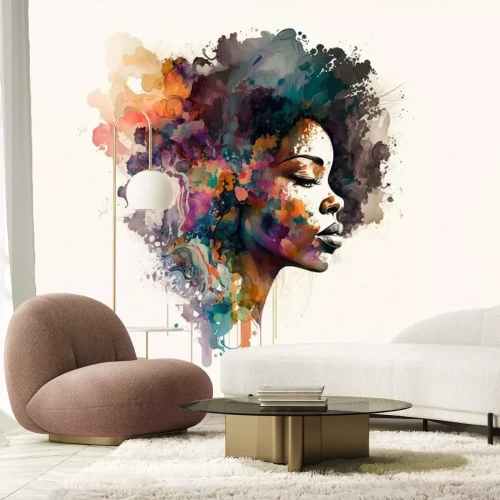 Fotobehang Het gezicht van een zwarte vrouw in artistieke aquarelstijl.
