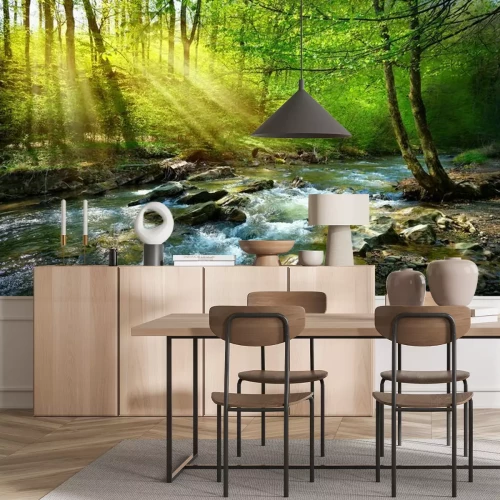 Fotobehang Lentebos met een beekje in de ochtend