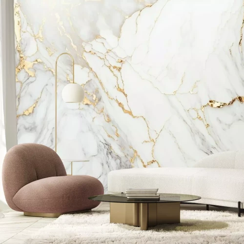 Fotobehang Witte marmer met gouden en grijze aders