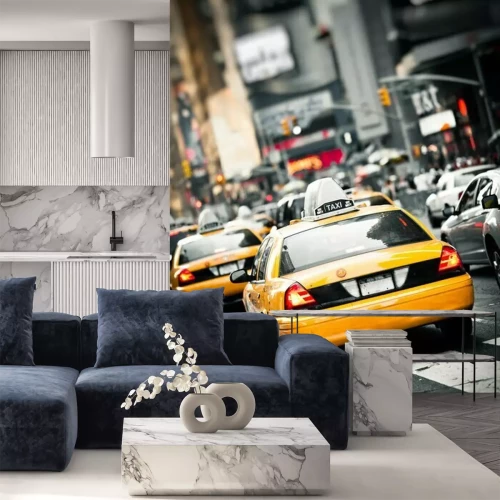 Fotobehang Taxi's en reclame op de achtergrond