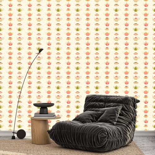 Behang Roze theepotten en kopjes