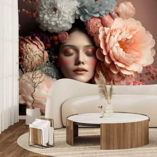 Fotobehang Portret van een vrouw tussen bloemen 3D