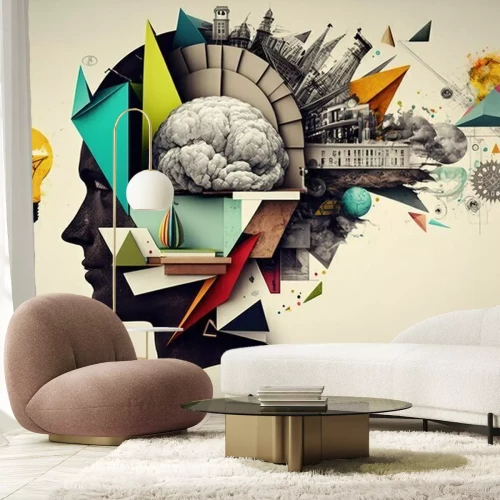 Fotobehang Een hoofd vol ideeën in een artistieke collagestijl