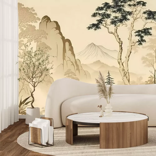 Fotobehang Aziatisch landschap in beige uitvoering