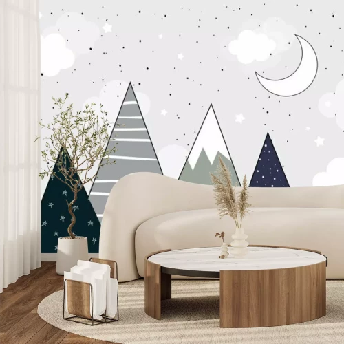 Fotobehang Bergen &#39;s nachts met de maan en de sterren, Scandinavische stijl