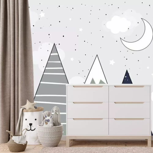 Fotobehang Bergen 's nachts met de maan en de sterren, Scandinavische stijl