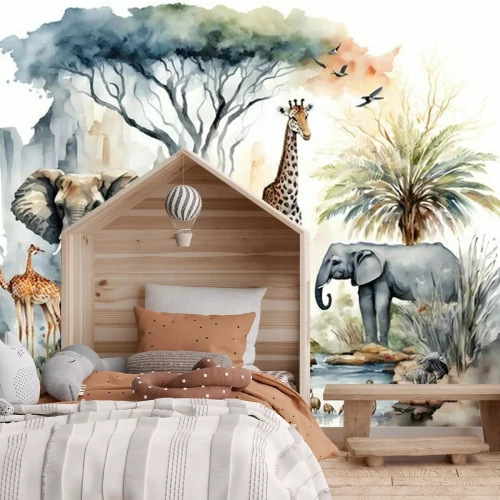 Fotobehang Geïllustreerde dieren en tropische bomen aquarel