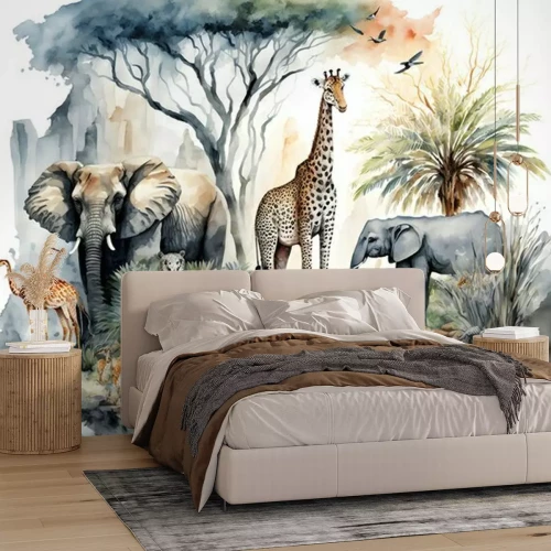 Fotobehang Geïllustreerde dieren en tropische bomen aquarel