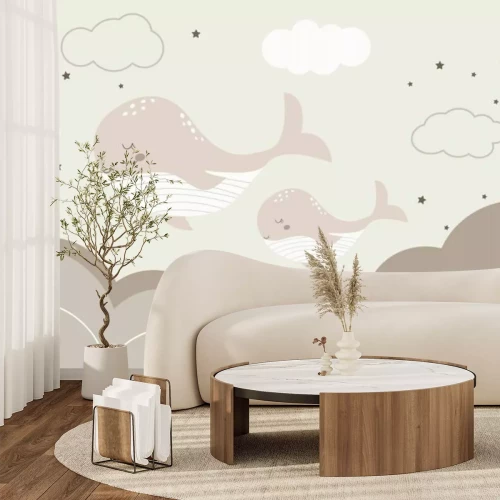 Fotobehang Walvissen in de wolken tegen de achtergrond van de sterrenhemel - een sprookjesachtig motief