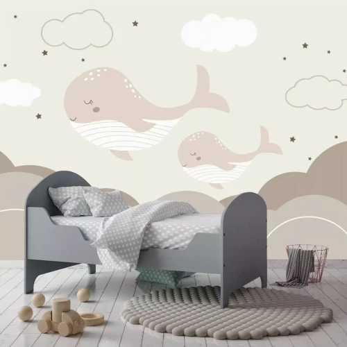 Fotobehang Walvissen in de wolken tegen de achtergrond van de sterrenhemel - een sprookjesachtig motief