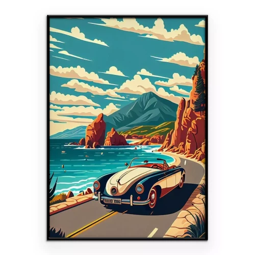Poster Retro cartoonauto op een weg langs de kust