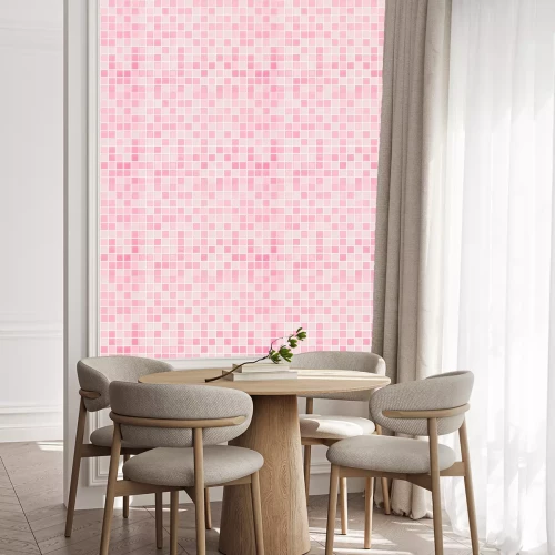 Behang Pink tile wall chequered background bathroom floor texture. Ceramic wall and floor tiles mosaic background in bathroom