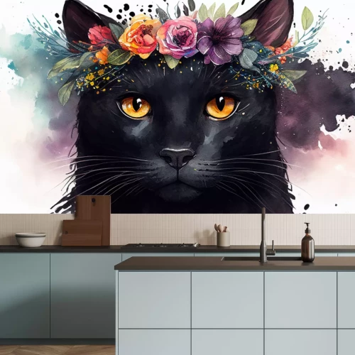 Sticker Zwarte kat in een krans van bloemen