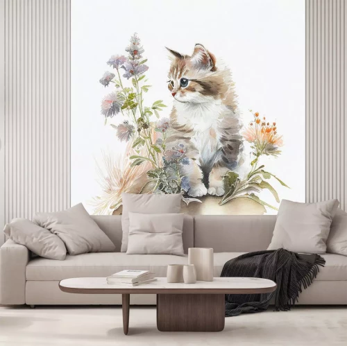 Sticker Kitten in de wei met bloemen