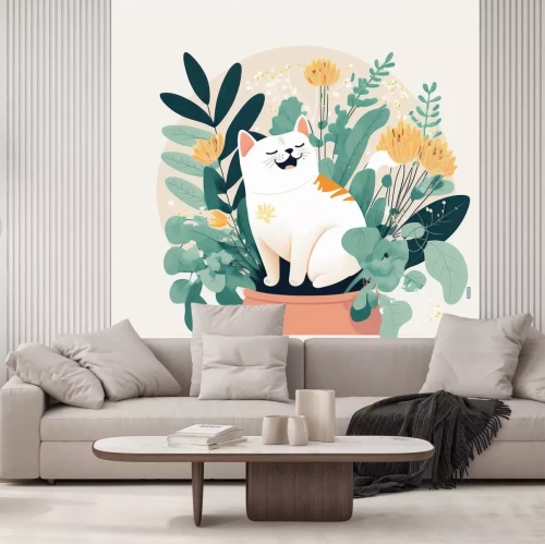 Sticker Witte kat in een pot