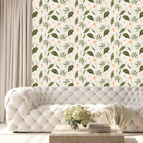 Behang Modern patroon met bladeren en bloemen