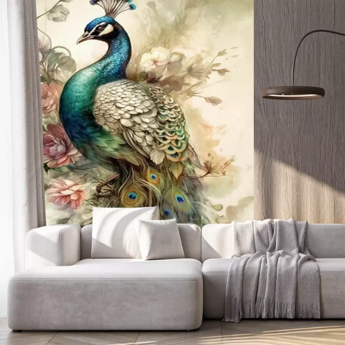 Sticker Majestueuze pauw tussen bloemen