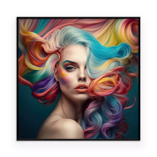 Poster Een vrouw met lang, kleurrijk haar.