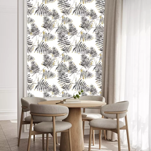 Behang Grijze varenbladeren met kleurrijke details