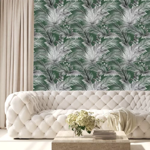 Behang Bladeren en gras op een groene achtergrond