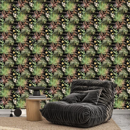 Behang Een bloemmotief met exotische elementen