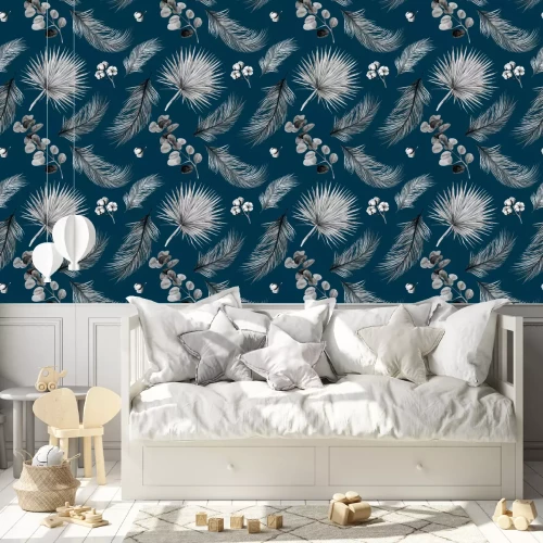 Behang Elegant patroon van exotische bladeren in de wind