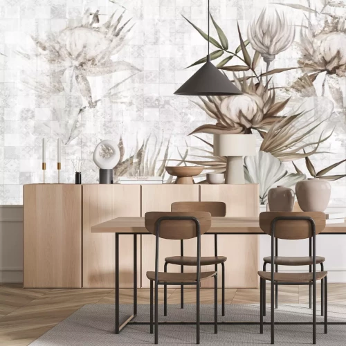 Fotobehang Exotische bloemen tegen een achtergrond van subtiele ornamenten