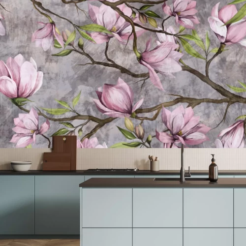 Fotobehang magnolia branch on a textured background, pastel colors and black accents, photo wallpaper in a room or home interior