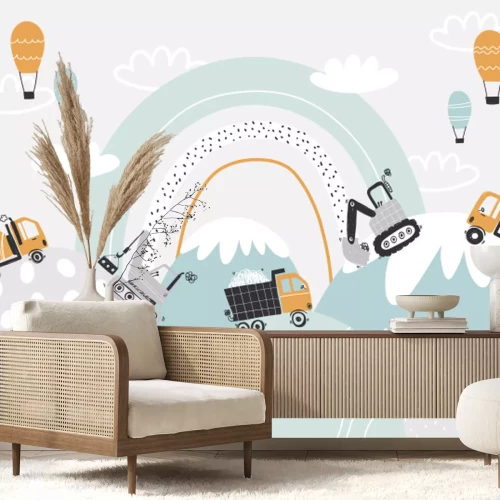 Fotobehang Graafmachines vrachtwagens en ballonnen in een sprookjesland