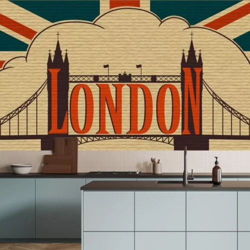 Sticker London, de Tower Bridge op de achtergrond van de vlag van het Verenigd Koninkrijk