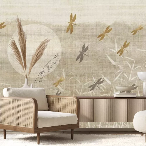 Fotobehang Libellen boven het riet bij zonsopgang