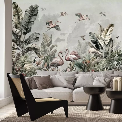 Fotobehang Retro-illustratie met flamingo's tegen een jungleachtergrond