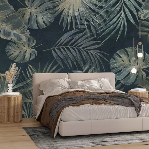 Fotobehang Groene bladeren van monstera's en palmbomen in de tropen