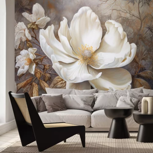 Fotobehang Witte magnoliabloesem en gouden bladeren