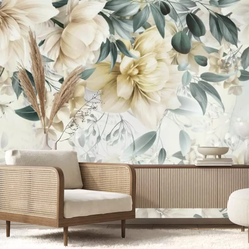 Fotobehang Gele bloemen tussen groene bladeren