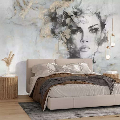 Fotobehang Prachtig portret van een vrouw op beton met gouden elementen