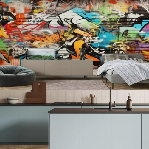 Fotobehang Abstracte graffiti op een bakstenen muur