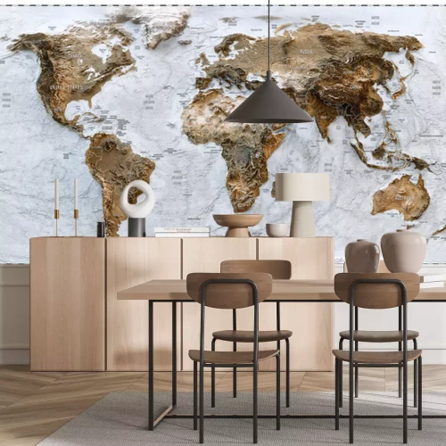 Fotobehang 3D World map of the Earth with exaggerated topographic relief and countries names and boundaries. High detailed global world physical map. Planet map with continents, countries borders, water objects