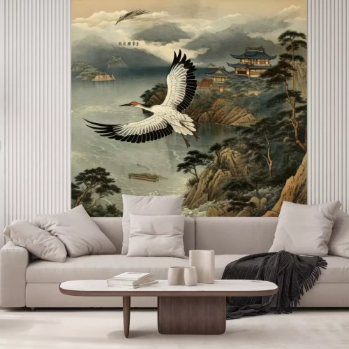 Fotobehang Traditionele Japanse illustratie met een kraan