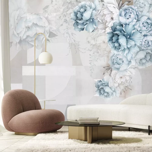 Fotobehang Blauwe pioenrozen en een geometrische betonnen muur