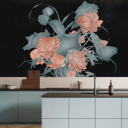 Fotobehang Rode bloemen en groene bladeren op een zwarte achtergrond