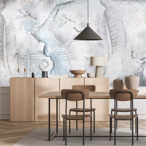 Fotobehang Bladeren en kraanvogels op een betonnen muur