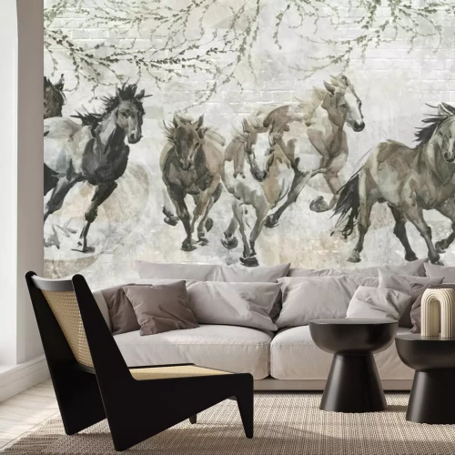 Fotobehang Een kudde paarden in aquarelstijl tegen een bakstenen muur.